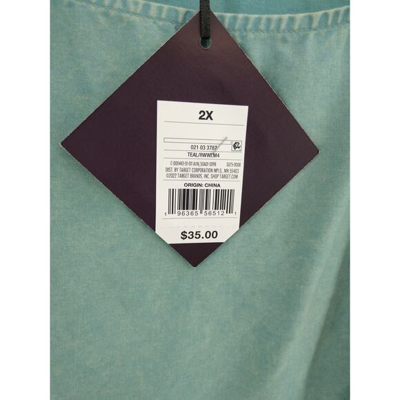 Ava‎ & Viv A-Line Dress 2X Balloon 3/4 Sleeve Tiered Cotton Tie Back Teal NWT - Picture 12 of 14